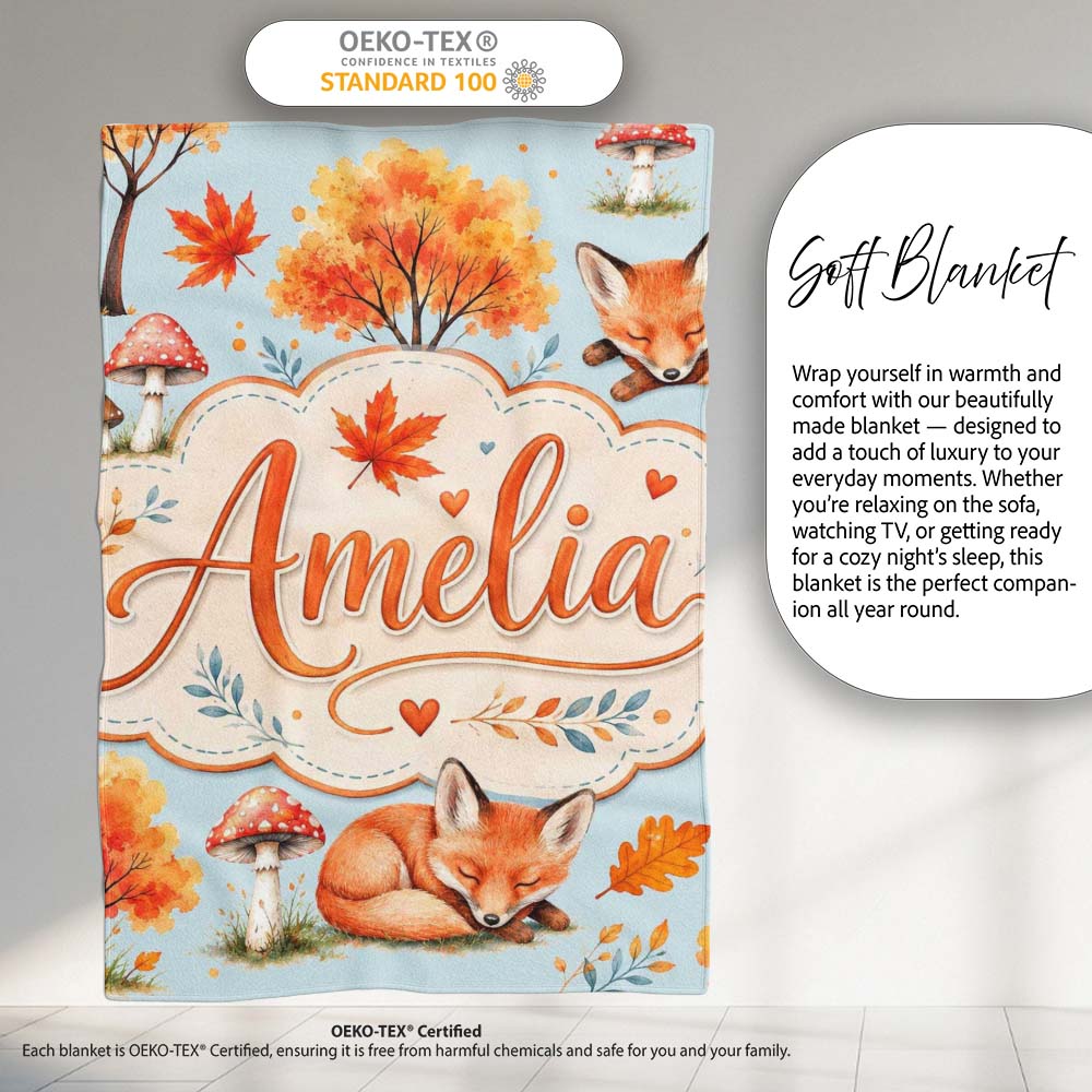 Sleeping Fox Autumn Leaves Mushrooms Forest Seamless Pattern Blue Personalised Custom Name Super Soft Fleece Blanket Bed Sofa Throw