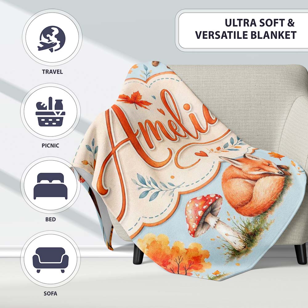 Sleeping Fox Autumn Leaves Mushrooms Forest Seamless Pattern Blue Personalised Custom Name Super Soft Fleece Blanket Bed Sofa Throw