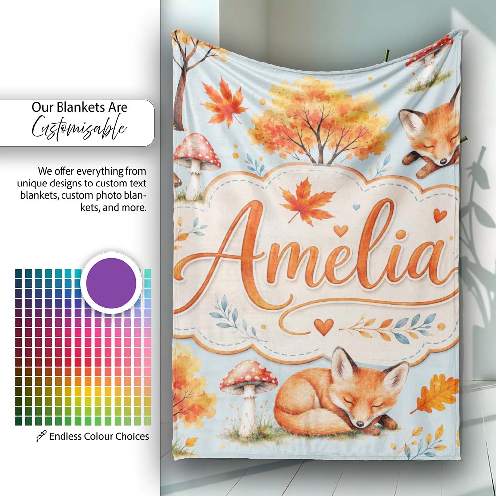 Sleeping Fox Autumn Leaves Mushrooms Forest Seamless Pattern Blue Personalised Custom Name Super Soft Fleece Blanket Bed Sofa Throw