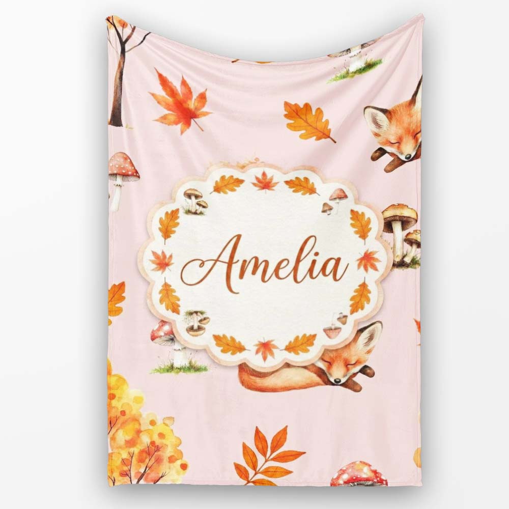 Sleeping Fox Autumn Leaves Mushrooms Forest Seamless Pattern Blush Personalised Custom Name Super Soft Fleece Blanket Bed Sofa Throw