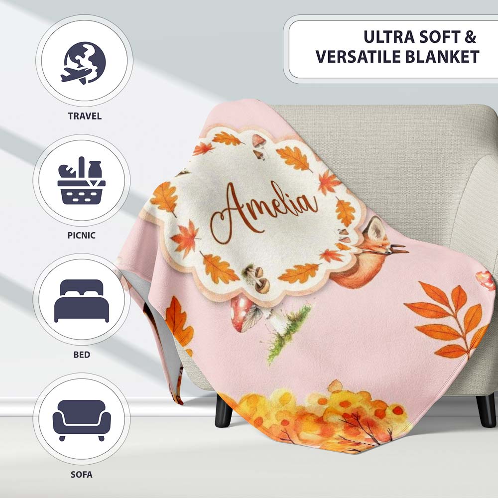 Sleeping Fox Autumn Leaves Mushrooms Forest Seamless Pattern Blush Personalised Custom Name Super Soft Fleece Blanket Bed Sofa Throw