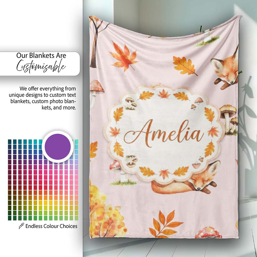 Sleeping Fox Autumn Leaves Mushrooms Forest Seamless Pattern Blush Personalised Custom Name Super Soft Fleece Blanket Bed Sofa Throw