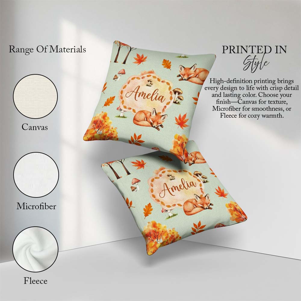 Custom Name Sleeping Fox Autumn Leaves Mushrooms Forest Seamless Square Filled Cushion Throw Pillow Sofa Bed Home Decor Zip Washable UK Made