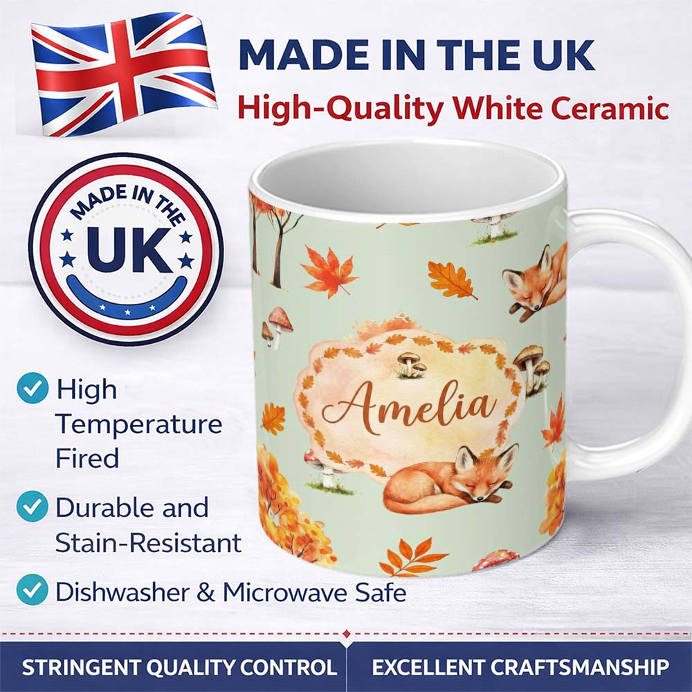 Personalized Custom Name Sleeping Fox Autumn Leaves Mushrooms Forest Seamless Pattern Sage 11oz Ceramic Coffee Tea Mug White Large Handle