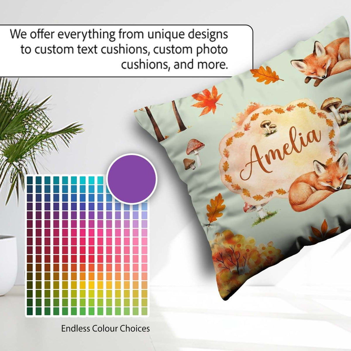 Custom Name Sleeping Fox Autumn Leaves Mushrooms Forest Seamless Square Filled Cushion Throw Pillow Sofa Bed Home Decor Zip Washable UK Made