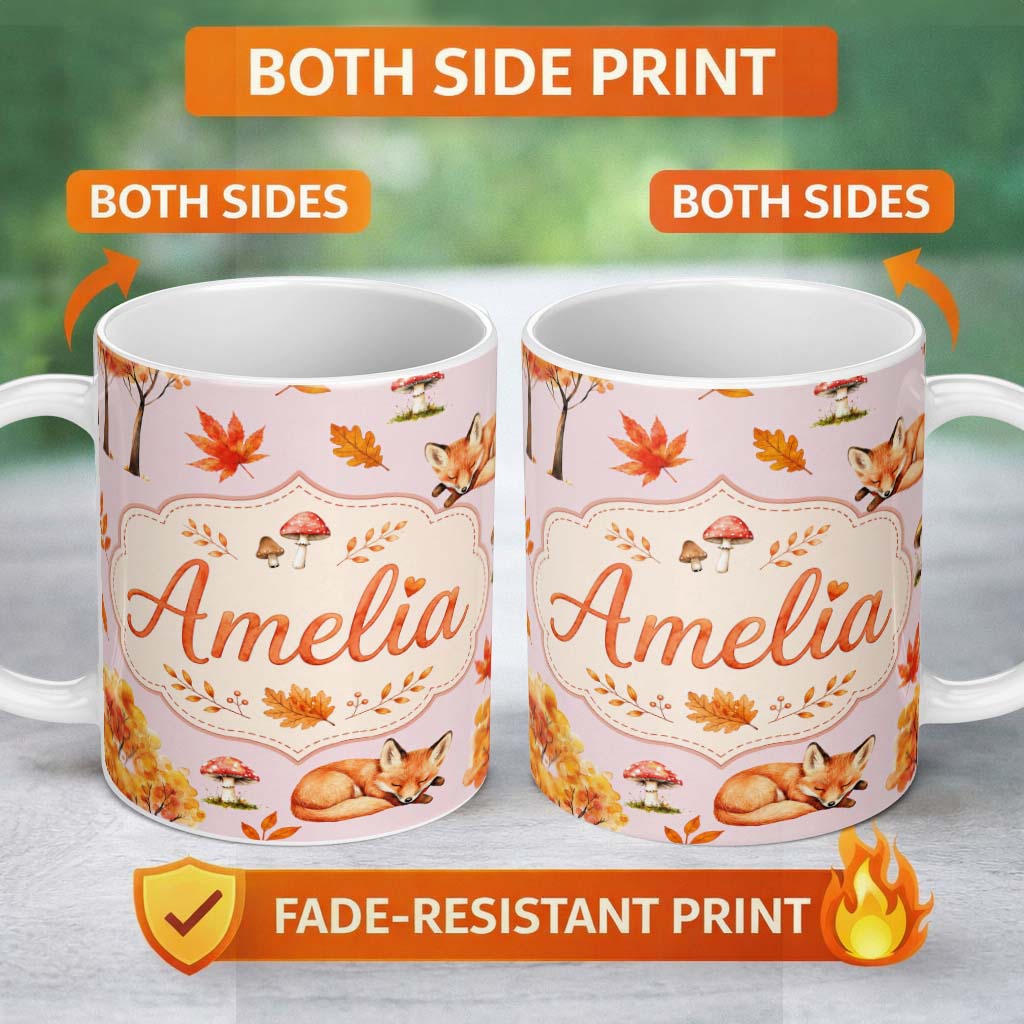Personalized Custom Name Sleeping Fox Autumn Leaves Mushrooms Forest Seamless Pattern Dusty 11oz Ceramic Coffee Tea Mug White Large Handle
