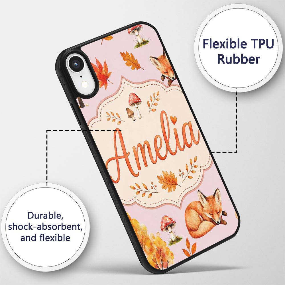 Sleeping Fox Autumn Leaves Decorative Design Custom Name Protective Phone Case Mobile Cover Durable Everyday Smartphone Shock Resistant