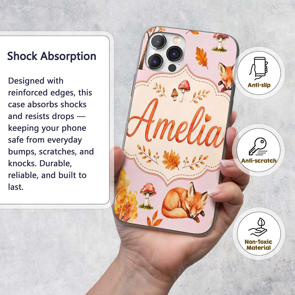 Sleeping Fox Autumn Leaves Decorative Design Custom Name Protective Phone Case Mobile Cover Durable Everyday Smartphone Shock Resistant