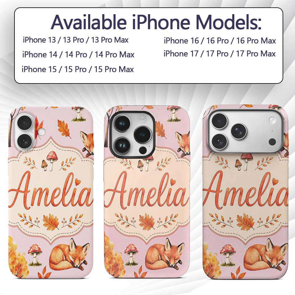 Sleeping Fox Autumn Leaves Decorative Design Custom Name Protective Phone Case Mobile Cover Durable Everyday Smartphone Shock Resistant