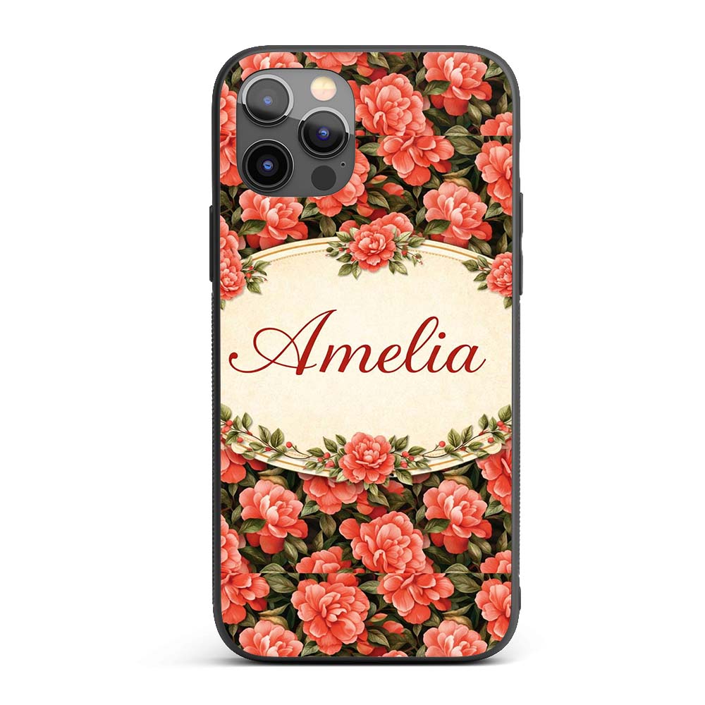 Soft Coral Peony Floral Seamless Printed Design Custom Name Protective Phone Case Mobile Cover Durable Everyday Smartphone Shock Resistant