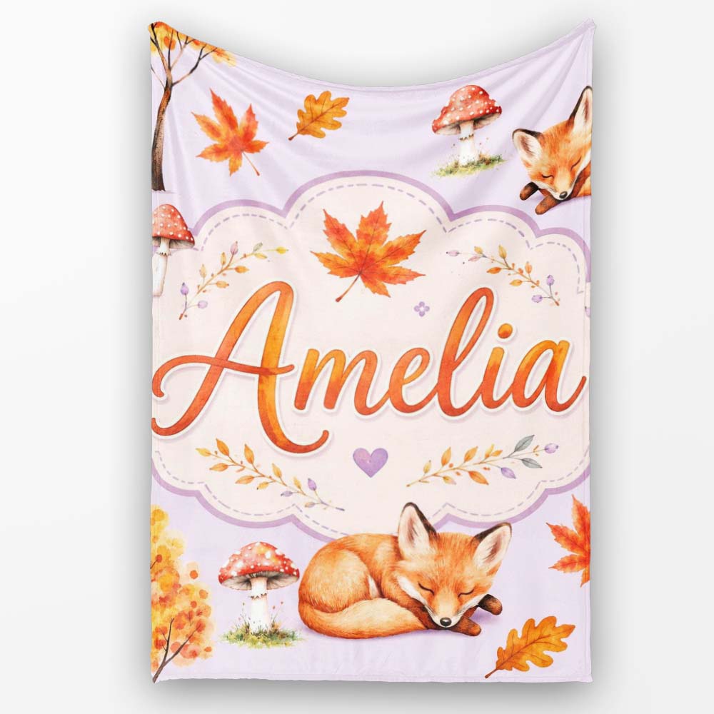 Sleeping Fox Autumn Leaves Mushrooms Forest Seamless Pattern Personalised Custom Name Super Soft Fleece Blanket Bed Sofa Throw