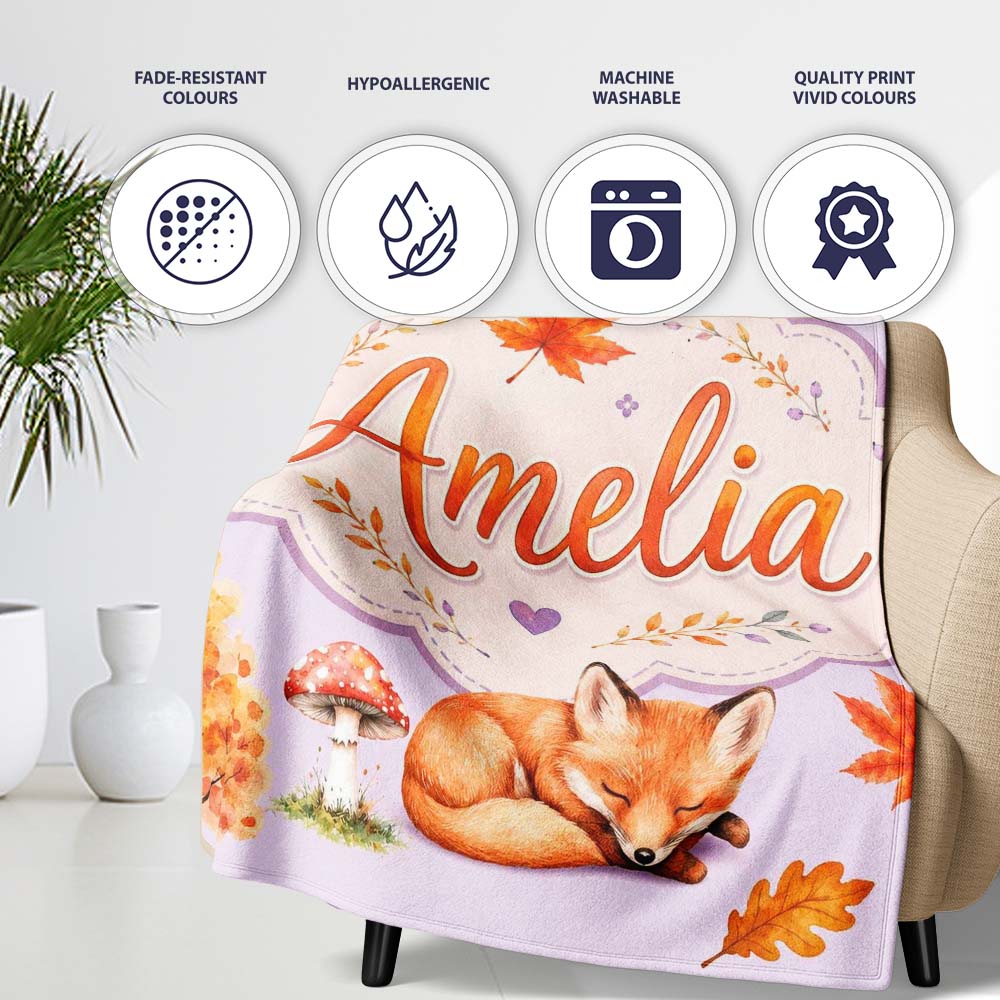 Sleeping Fox Autumn Leaves Mushrooms Forest Seamless Pattern Personalised Custom Name Super Soft Fleece Blanket Bed Sofa Throw