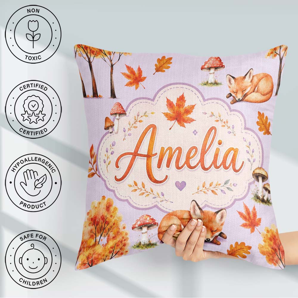 Custom Name Sleeping Fox Autumn Leaves Mushrooms Forest Seamless Square Filled Cushion Throw Pillow Sofa Bed Home Decor Zip Washable UK Made