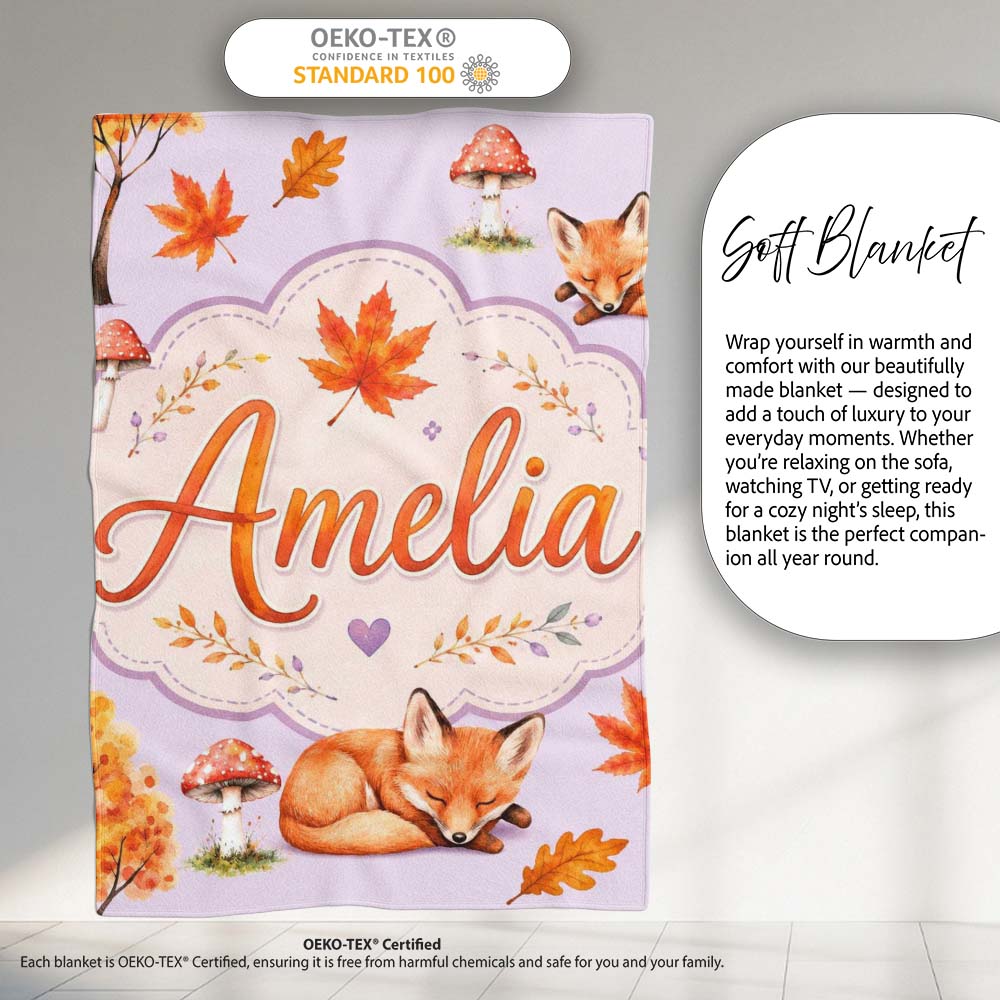 Sleeping Fox Autumn Leaves Mushrooms Forest Seamless Pattern Personalised Custom Name Super Soft Fleece Blanket Bed Sofa Throw