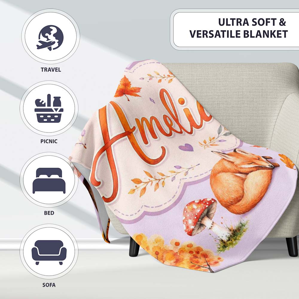 Sleeping Fox Autumn Leaves Mushrooms Forest Seamless Pattern Personalised Custom Name Super Soft Fleece Blanket Bed Sofa Throw