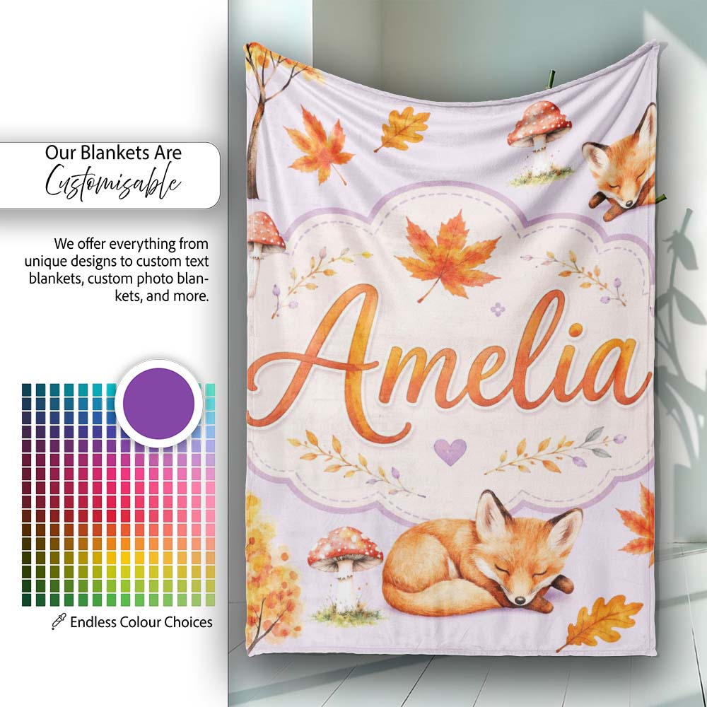 Sleeping Fox Autumn Leaves Mushrooms Forest Seamless Pattern Personalised Custom Name Super Soft Fleece Blanket Bed Sofa Throw