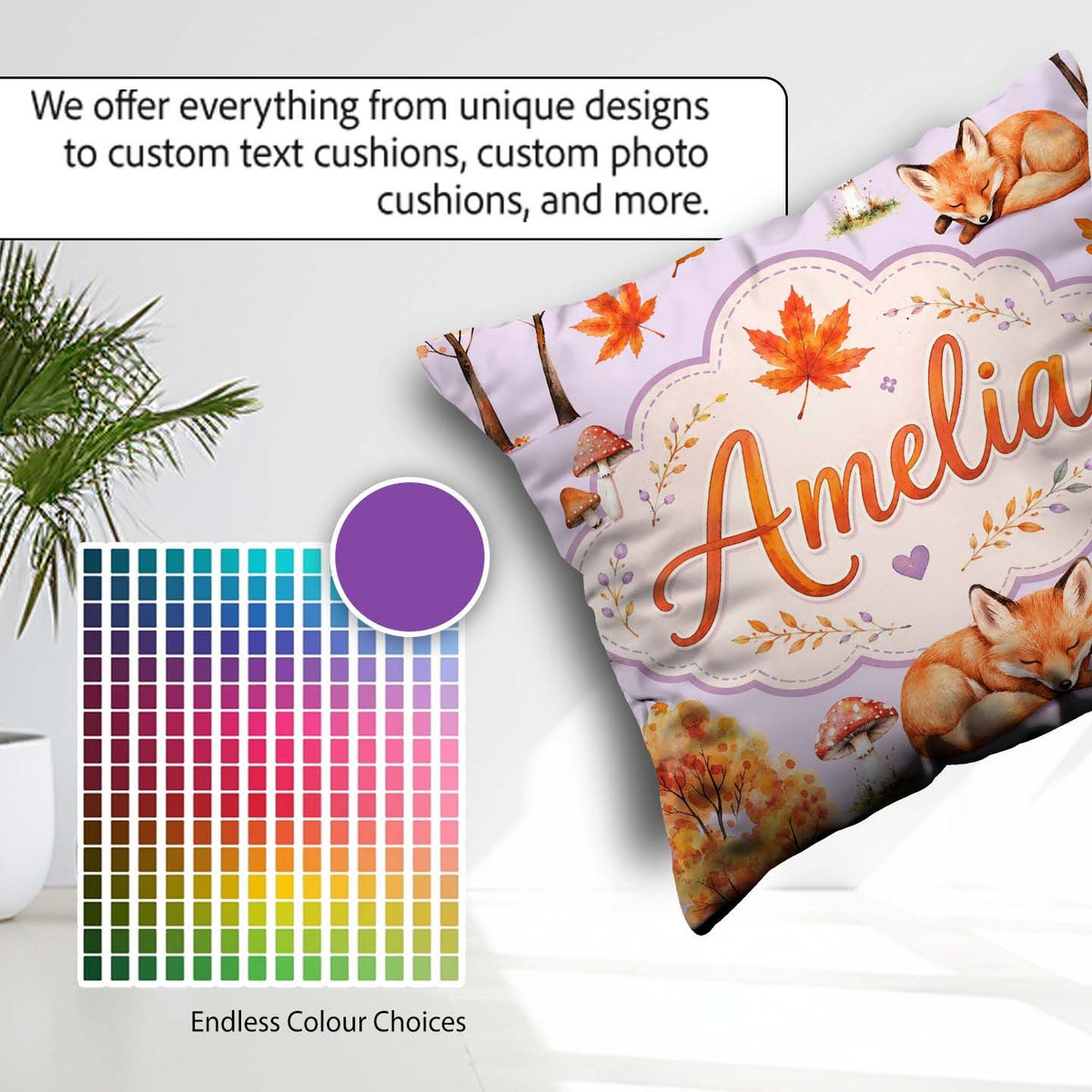 Custom Name Sleeping Fox Autumn Leaves Mushrooms Forest Seamless Square Filled Cushion Throw Pillow Sofa Bed Home Decor Zip Washable UK Made