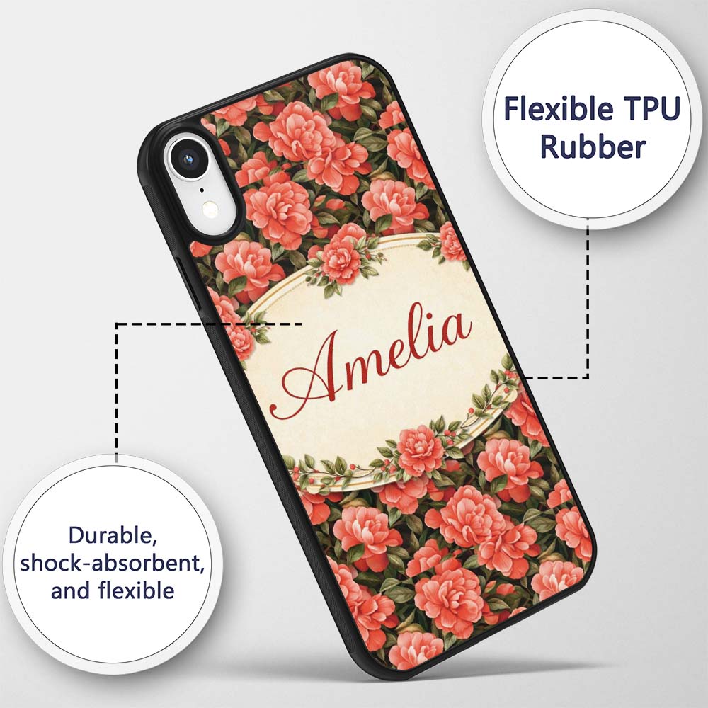 Soft Coral Peony Floral Seamless Printed Design Custom Name Protective Phone Case Mobile Cover Durable Everyday Smartphone Shock Resistant