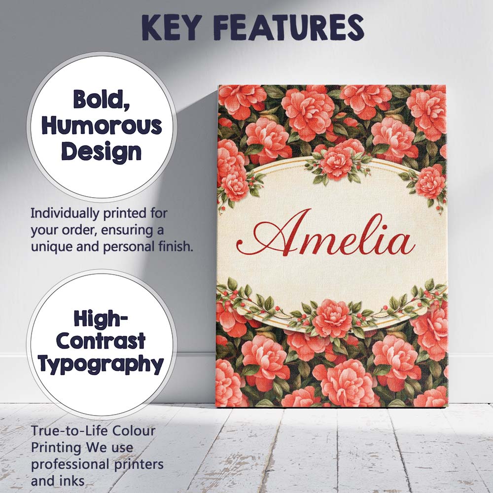 Personalised Name Soft Coral Peony Floral Seamless Pattern Stylish Custom Unique Canvas Wall Art Print Decor Picture Ready to Hang