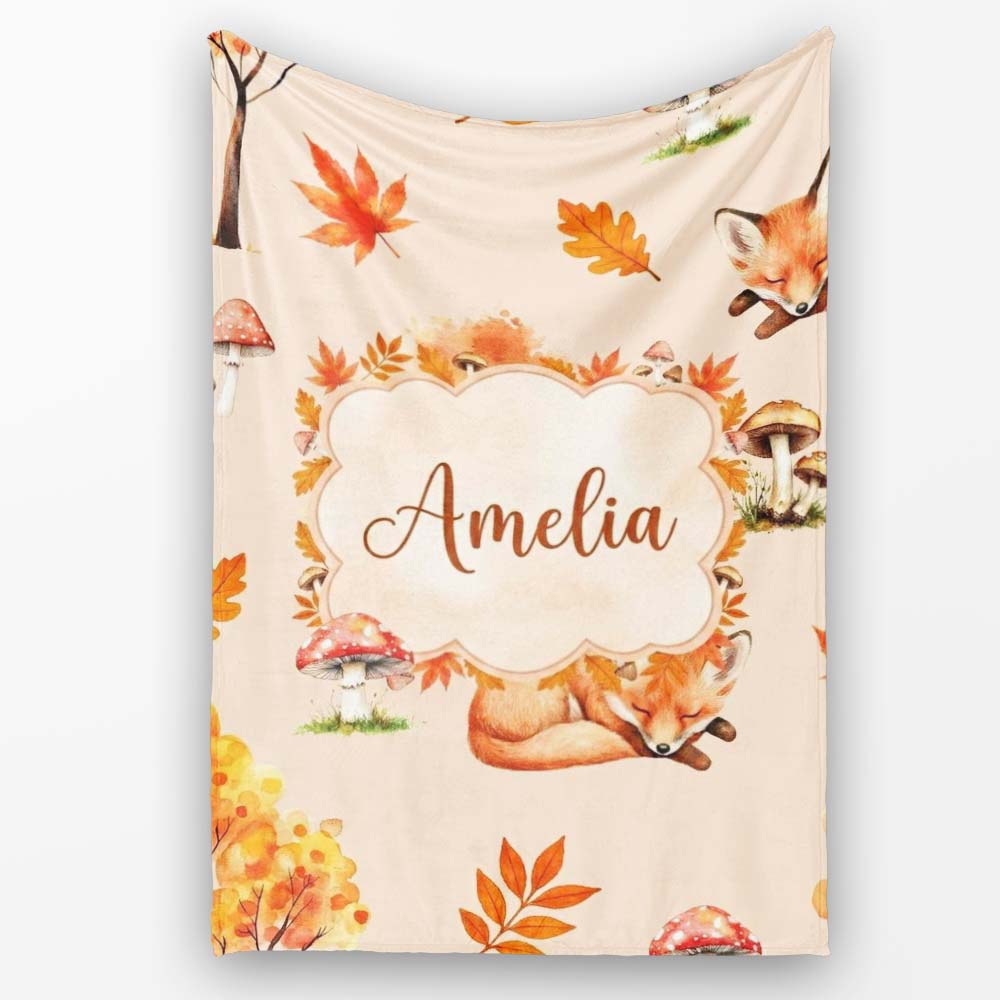 Sleeping Fox Autumn Leaves Mushrooms Forest Seamless Pattern Tan Personalised Custom Name Super Soft Fleece Blanket Bed Sofa Throw