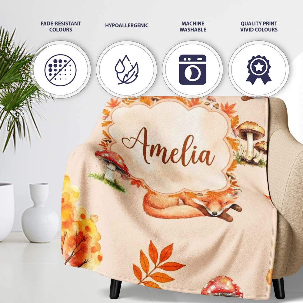 Sleeping Fox Autumn Leaves Mushrooms Forest Seamless Pattern Tan Personalised Custom Name Super Soft Fleece Blanket Bed Sofa Throw