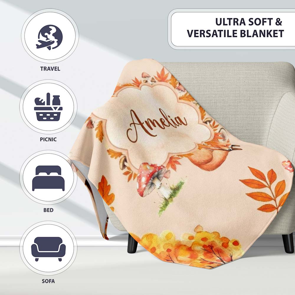 Sleeping Fox Autumn Leaves Mushrooms Forest Seamless Pattern Tan Personalised Custom Name Super Soft Fleece Blanket Bed Sofa Throw