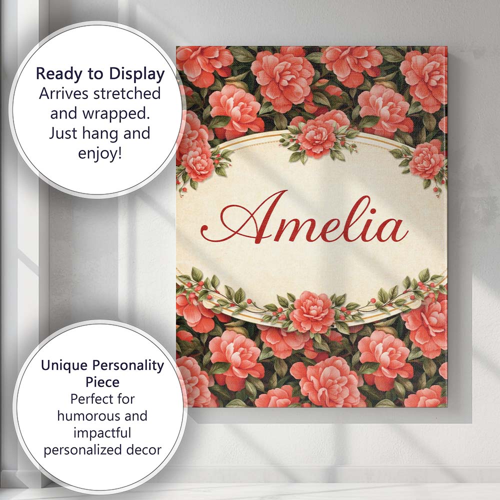 Personalised Name Soft Coral Peony Floral Seamless Pattern Stylish Custom Unique Canvas Wall Art Print Decor Picture Ready to Hang