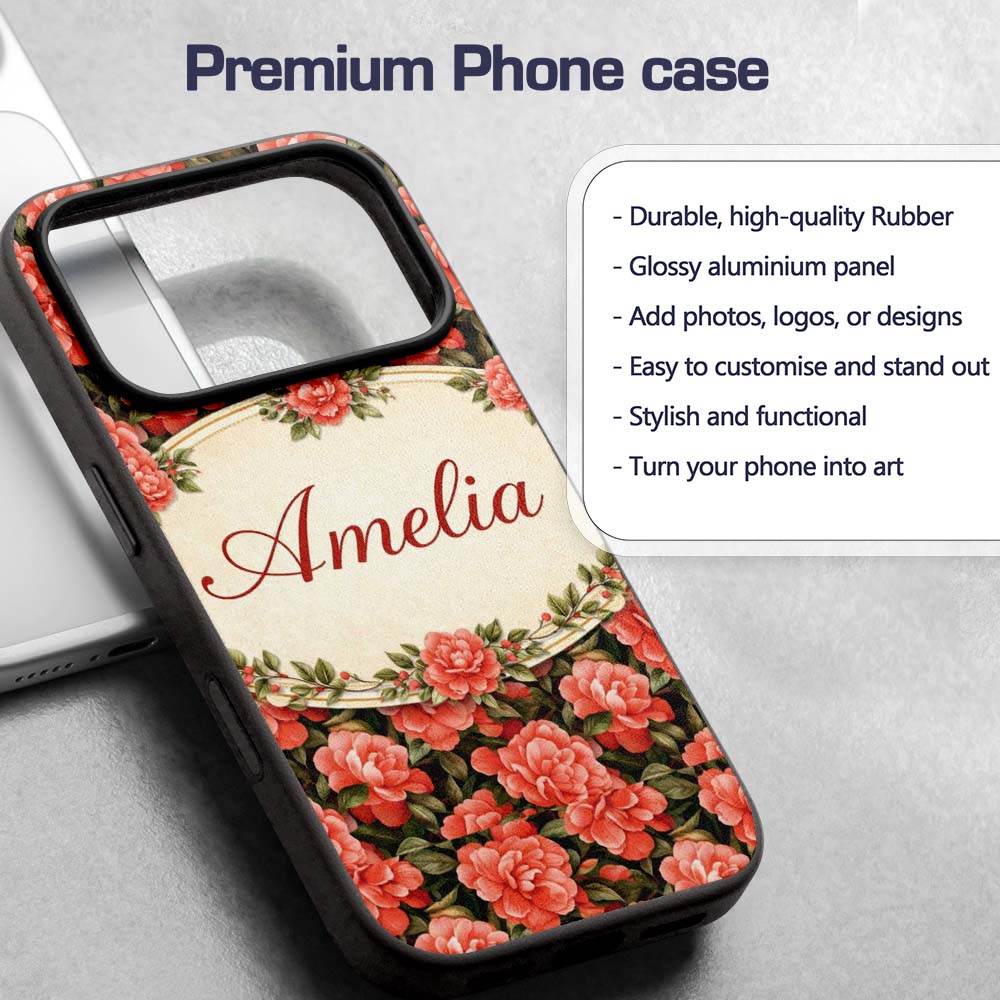 Soft Coral Peony Floral Seamless Printed Design Custom Name Protective Phone Case Mobile Cover Durable Everyday Smartphone Shock Resistant