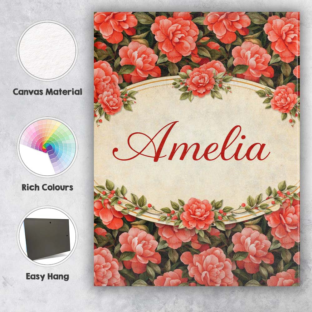Personalised Name Soft Coral Peony Floral Seamless Pattern Stylish Custom Unique Canvas Wall Art Print Decor Picture Ready to Hang