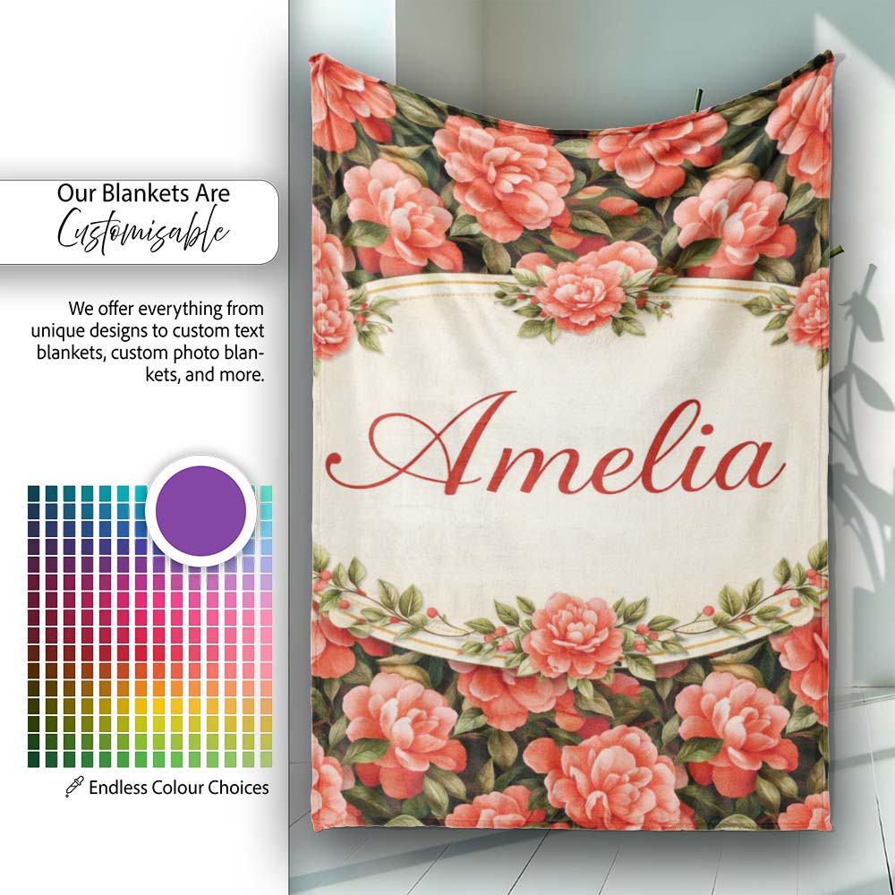 Soft Coral Peony Floral Seamless Pattern Stylish Everyday Lovely Personalised Custom Name Super Soft Fleece Blanket Bed Sofa Throw