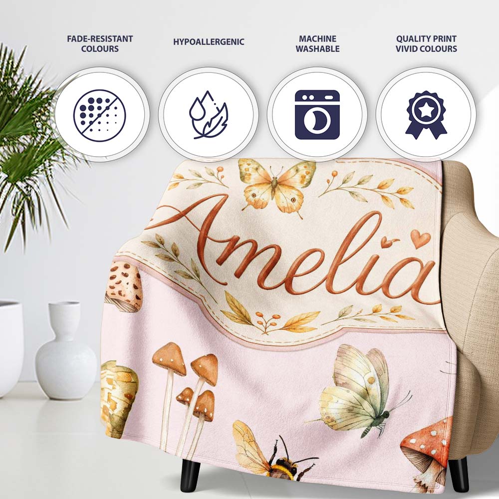 Vintage Butterflies Bees Mushrooms Nature Seamless Pattern Soft Personalised Custom Name Super Soft Fleece Blanket Bed Sofa Throw
