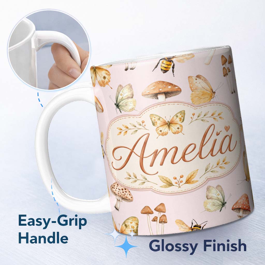 Personalized Custom Name Vintage Butterflies Bees Mushrooms Nature Seamless Pattern Soft 11oz Ceramic Coffee Tea Mug White Large Handle