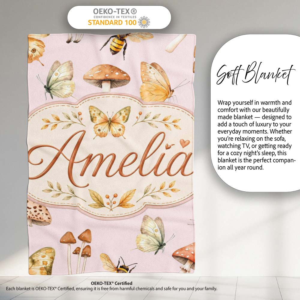 Vintage Butterflies Bees Mushrooms Nature Seamless Pattern Soft Personalised Custom Name Super Soft Fleece Blanket Bed Sofa Throw