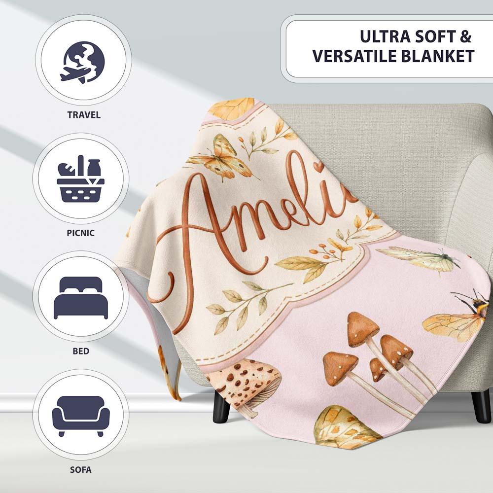 Vintage Butterflies Bees Mushrooms Nature Seamless Pattern Soft Personalised Custom Name Super Soft Fleece Blanket Bed Sofa Throw