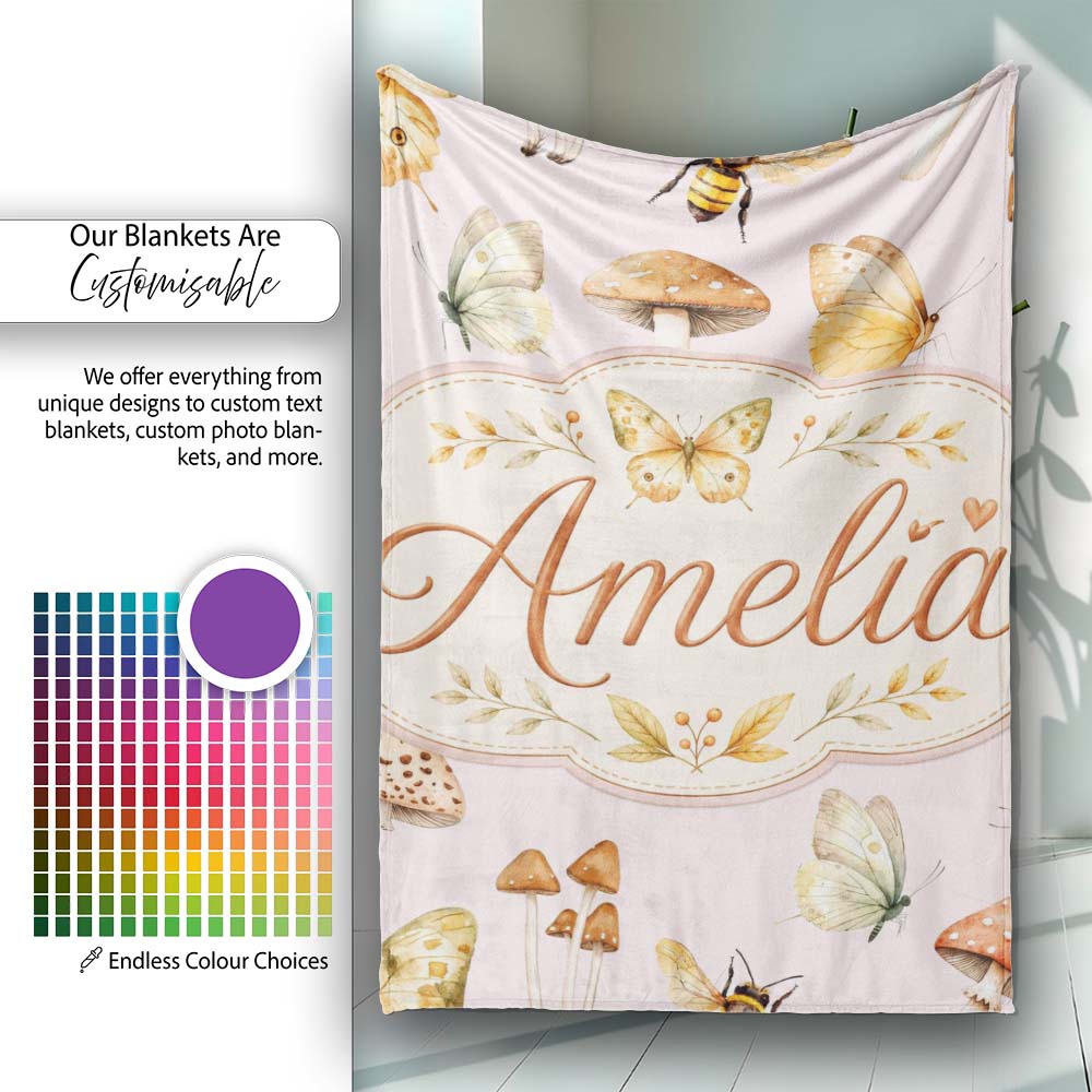 Vintage Butterflies Bees Mushrooms Nature Seamless Pattern Soft Personalised Custom Name Super Soft Fleece Blanket Bed Sofa Throw