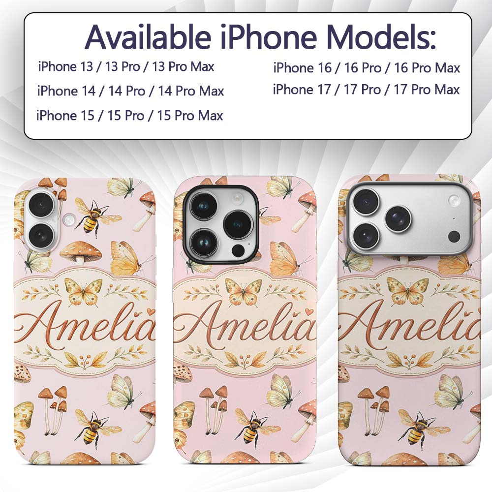 Vintage Butterflies Bees Mushrooms Printed Design Custom Name Protective Phone Case Mobile Cover Durable Everyday Smartphone Shock Resistant