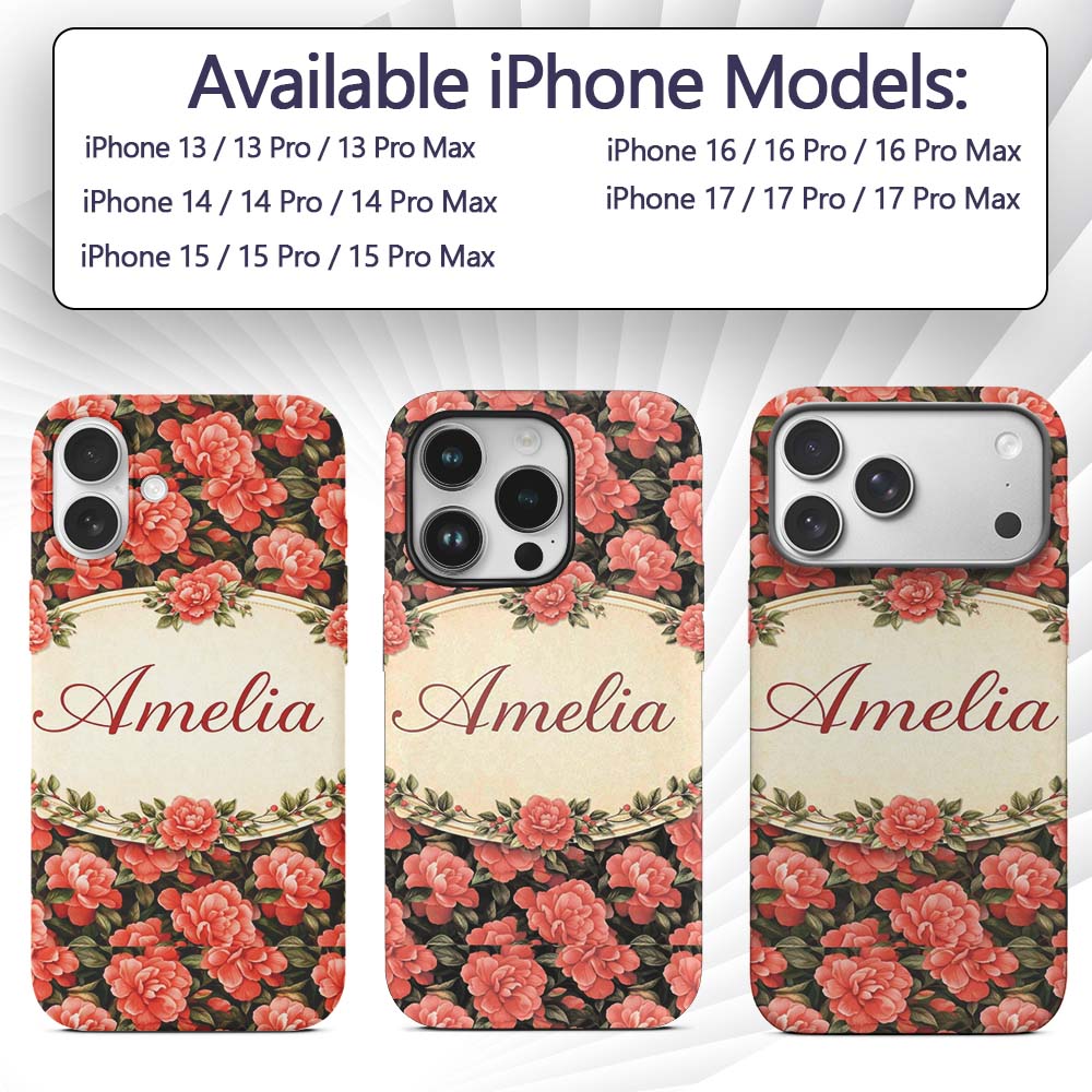 Soft Coral Peony Floral Seamless Printed Design Custom Name Protective Phone Case Mobile Cover Durable Everyday Smartphone Shock Resistant