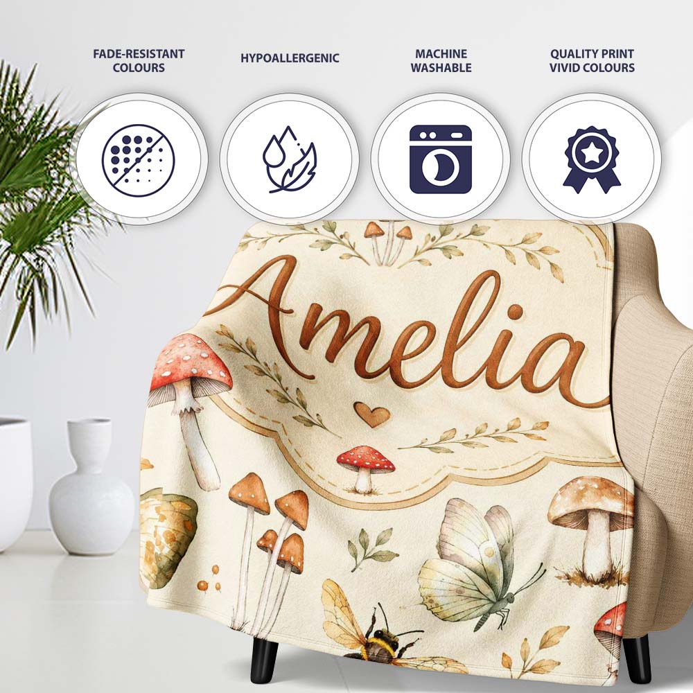 Vintage Butterflies Bees Mushrooms Nature Seamless Pattern Sage Personalised Custom Name Super Soft Fleece Blanket Bed Sofa Throw