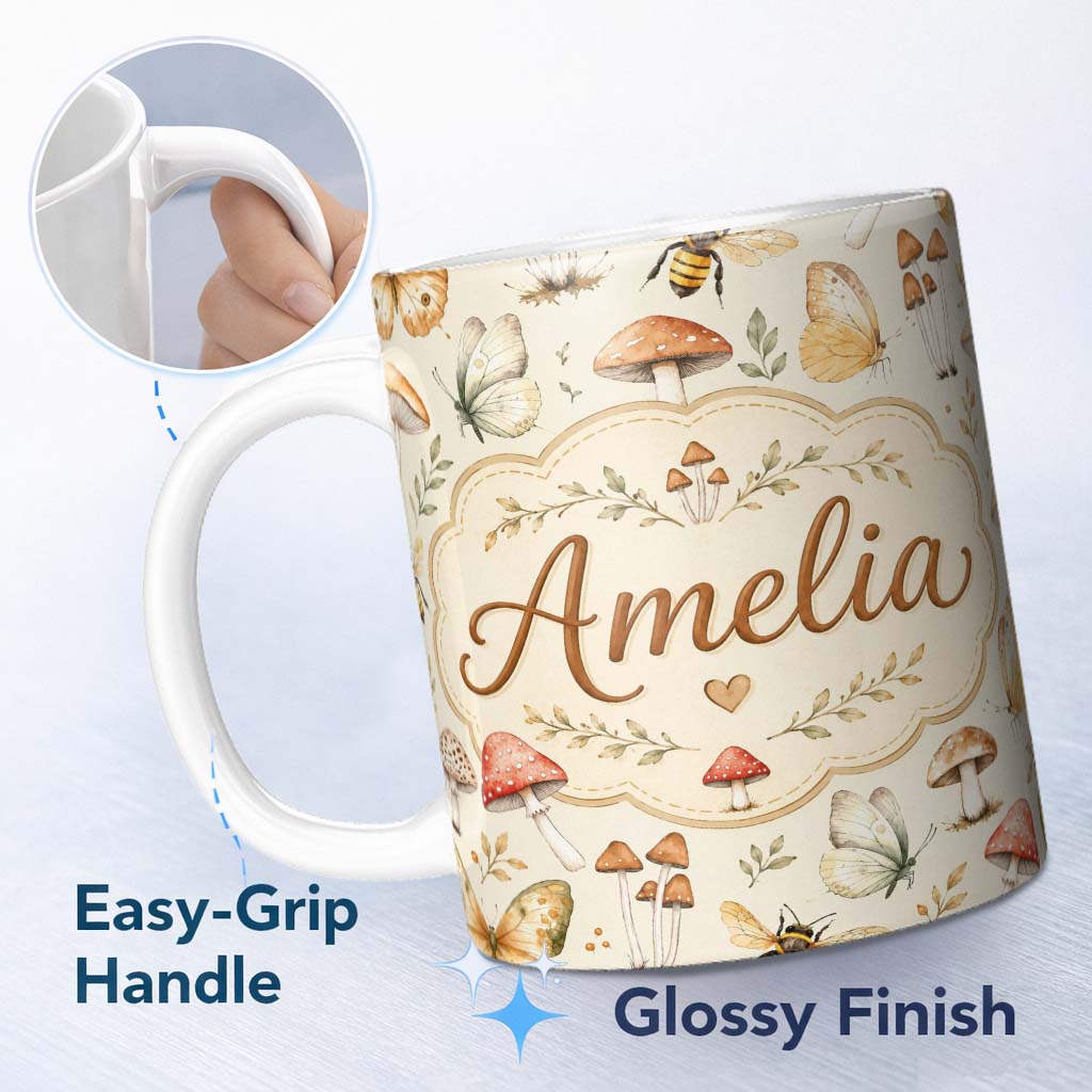 Personalized Custom Name Vintage Butterflies Bees Mushrooms Nature Seamless Pattern Sage 11oz Ceramic Coffee Tea Mug White Large Handle