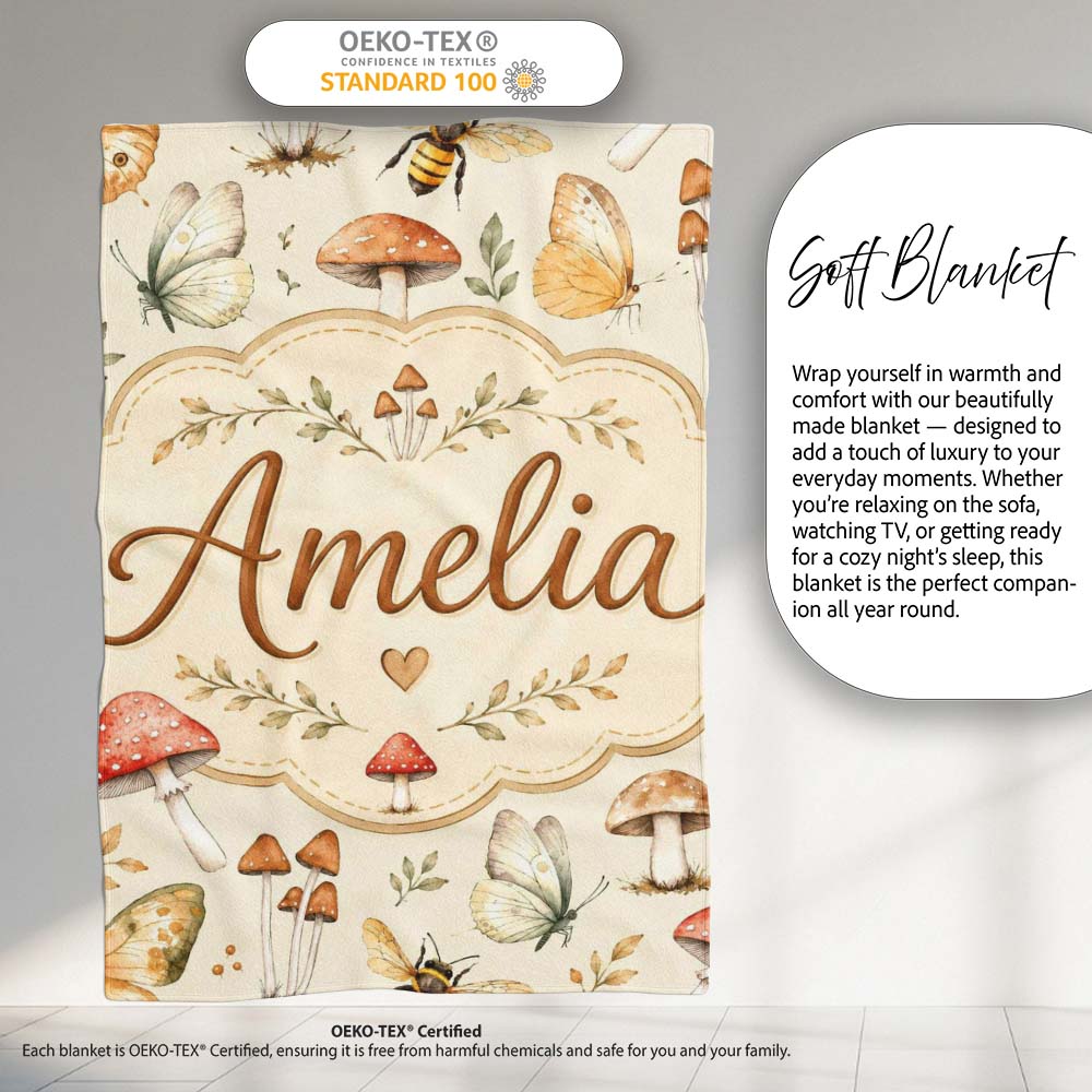 Vintage Butterflies Bees Mushrooms Nature Seamless Pattern Sage Personalised Custom Name Super Soft Fleece Blanket Bed Sofa Throw