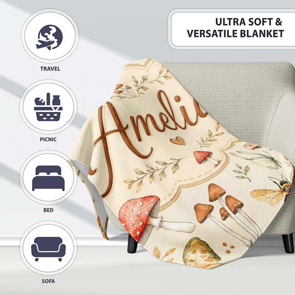 Vintage Butterflies Bees Mushrooms Nature Seamless Pattern Sage Personalised Custom Name Super Soft Fleece Blanket Bed Sofa Throw