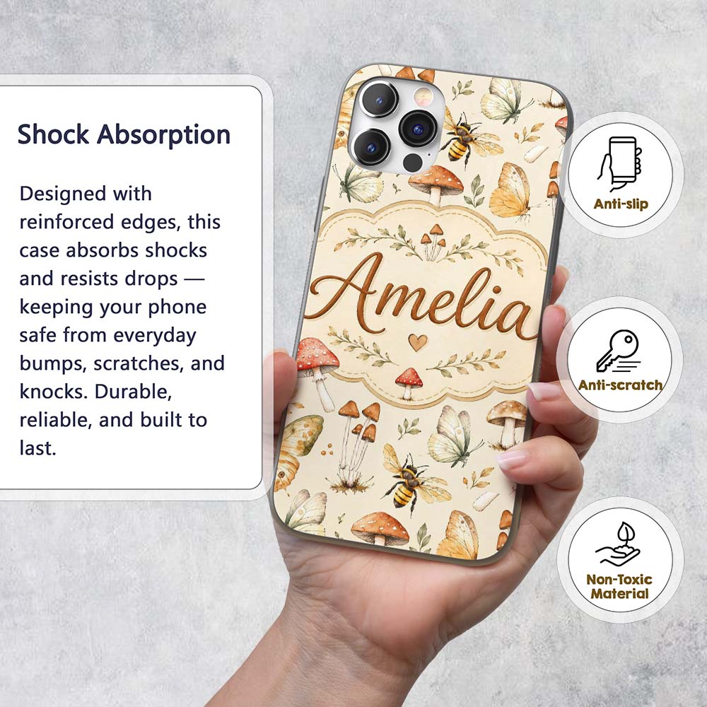 Vintage Butterflies Bees Mushrooms Printed Design Custom Name Protective Phone Case Mobile Cover Durable Everyday Smartphone Shock Resistant