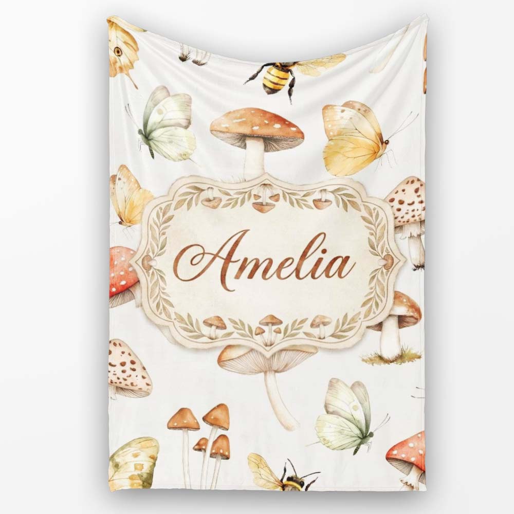 Vintage Butterflies Bees Mushrooms Nature Seamless Pattern Light Personalised Custom Name Super Soft Fleece Blanket Bed Sofa Throw