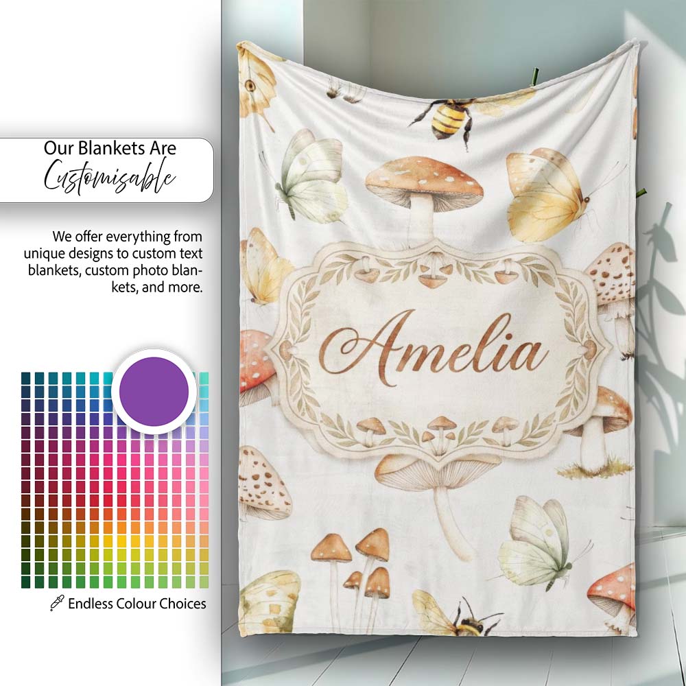 Vintage Butterflies Bees Mushrooms Nature Seamless Pattern Light Personalised Custom Name Super Soft Fleece Blanket Bed Sofa Throw