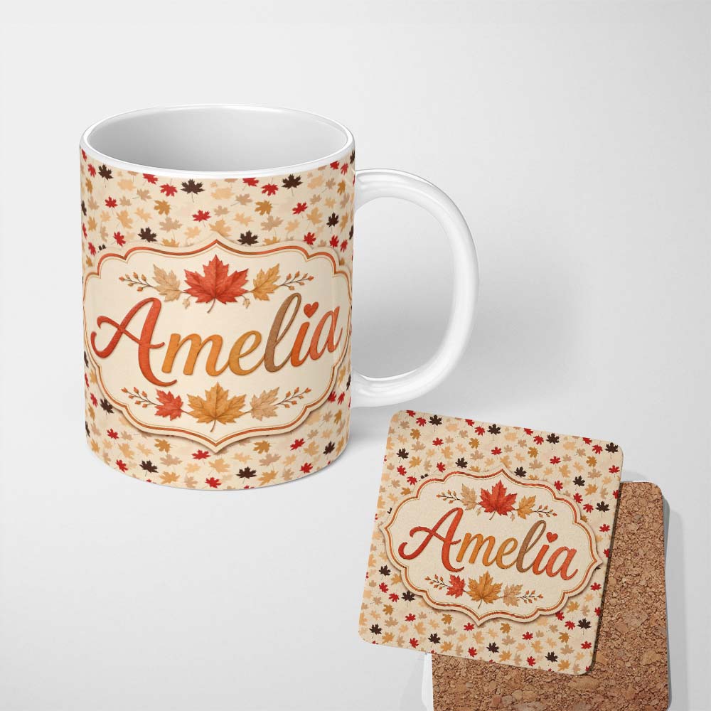 Personalized Custom Name Autumn Maple Leaves in Red Brown and Beige Tones on Soft Background 11oz Ceramic Coffee Tea Mug White Large Handle