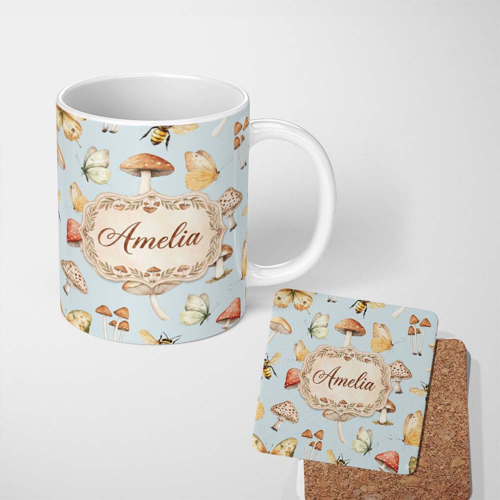 Personalized Custom Name Vintage Butterflies Bees Mushrooms Nature Seamless Pattern Soft 11oz Ceramic Coffee Tea Mug White Large Handle
