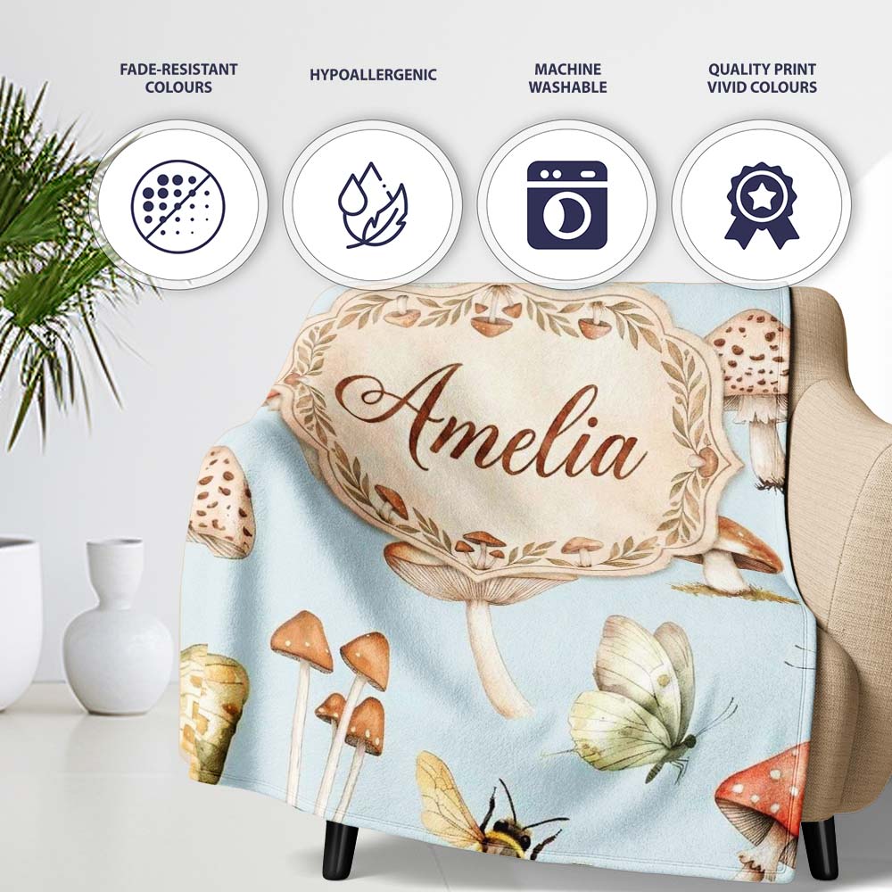 Vintage Butterflies Bees Mushrooms Nature Seamless Pattern Soft Personalised Custom Name Super Soft Fleece Blanket Bed Sofa Throw