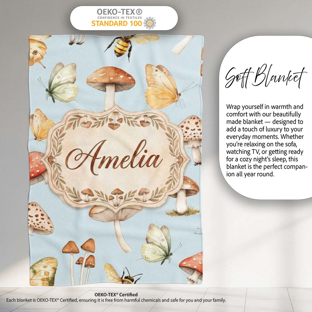Vintage Butterflies Bees Mushrooms Nature Seamless Pattern Soft Personalised Custom Name Super Soft Fleece Blanket Bed Sofa Throw