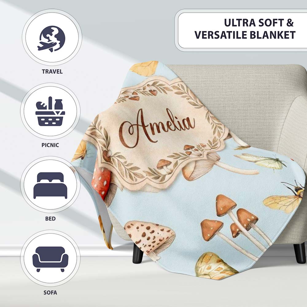 Vintage Butterflies Bees Mushrooms Nature Seamless Pattern Soft Personalised Custom Name Super Soft Fleece Blanket Bed Sofa Throw