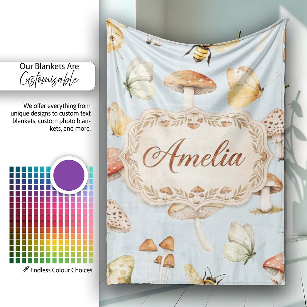 Vintage Butterflies Bees Mushrooms Nature Seamless Pattern Soft Personalised Custom Name Super Soft Fleece Blanket Bed Sofa Throw